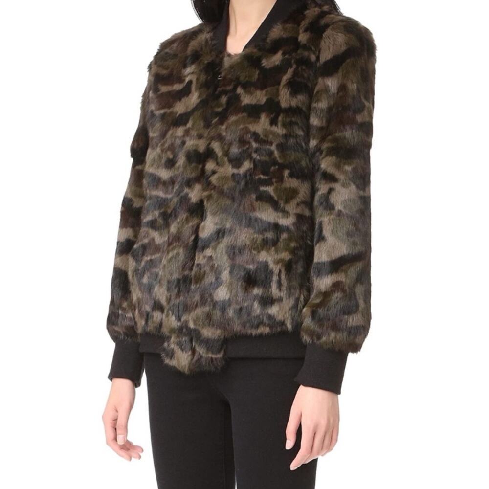 Jocelyn Green Camouflage Genuine Rabbit Fur Zip Front Bomber Jacket S